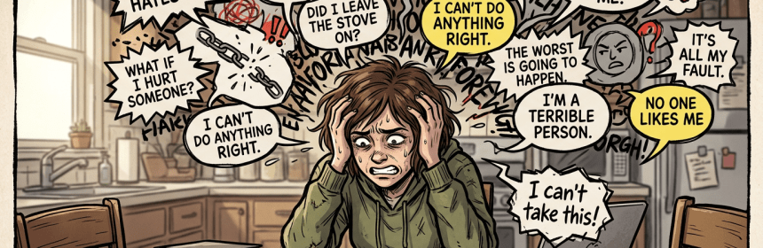 Young woman overwhelmed by intrusive negative thoughts while studying at a kitchen table