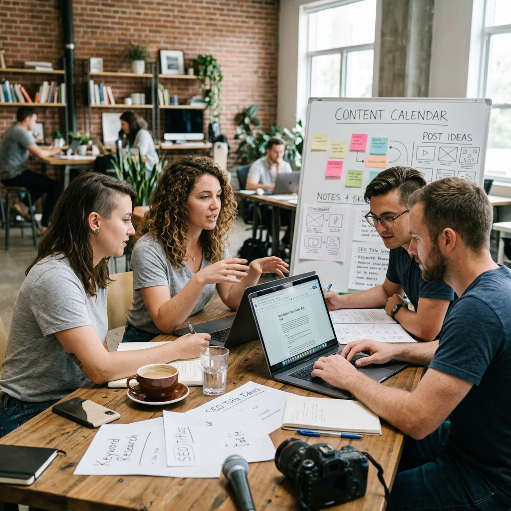 Four people discussing content calendar and SEO strategy at a table with laptops